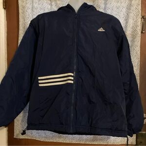Vtg 90s Adidas Hooded Puffer Jacket Coat Spellout Logo Mens Size M Blue White